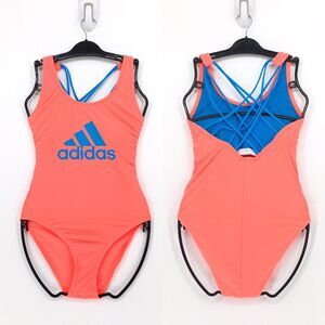 Adidas Women L One Piece Swimsuit Neon Peach Logo Stripe Criss Cross 5PLF010 NEW